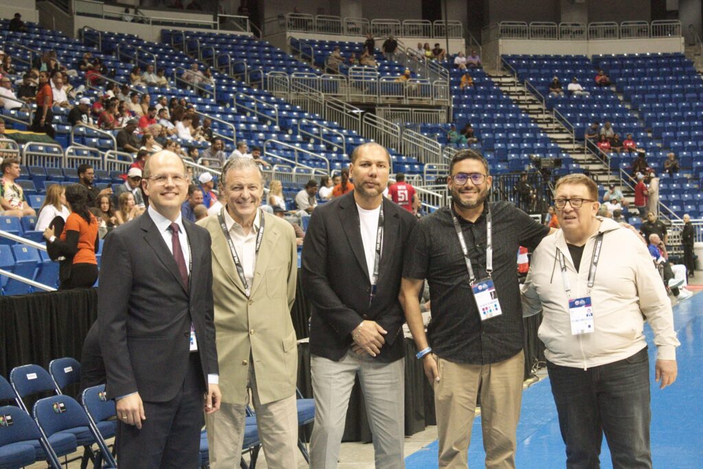 From left to right, Andreas Zagklis, FIBA Secretary General; Richard Carrion, FIBA Central Board Member; Yamil Bukele, President of the FIBA Americas Competition Commission; Yum Ramos, President of the Puerto Rico Basketball Federation; and Fabián Borros, President of FIBA Americas. (Credit: Centro Caribe Sports)