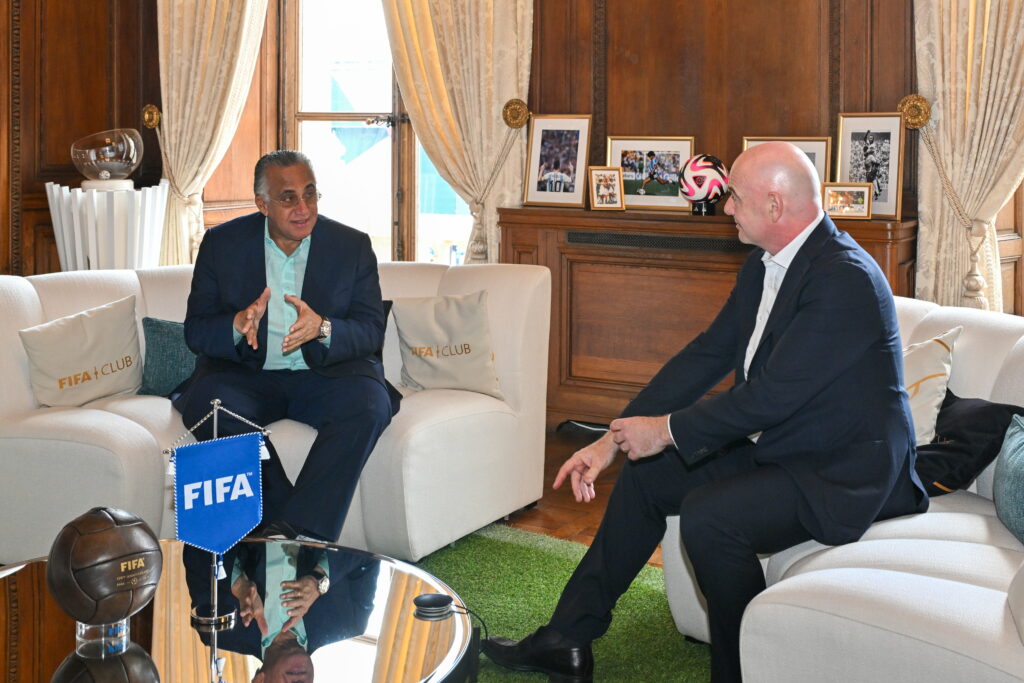 PARIS, FRANCE - AUGUST 07: FIFA President Gianni Infantino speaks with President of Dominican Republic Olympic Committee Luis Mejia Oviedo during a meeting with the President of Dominican Republic Olympic Committee at FIFA's Paris office on August 07, 2024 in Paris, France. (Photo by Harold Cunningham/FIFA)