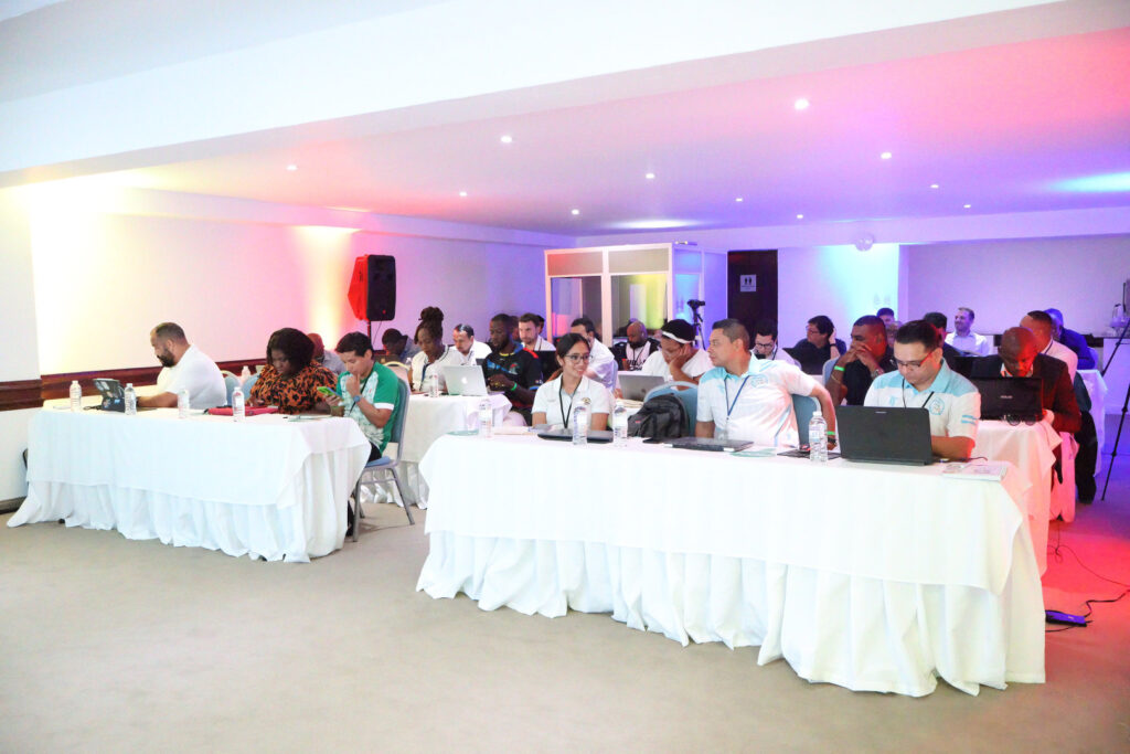 Members of the National Olympic Committees (NOCs) of Centro Caribe Sports, present at the I Training Program for Sports Journalists and Reporters, an event of the HUELLAS project (Credit: Centro Caribe Sports).